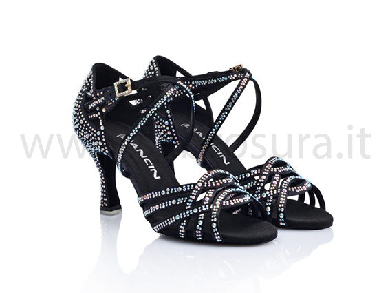 DL9951 raso nero con crystal strass boreali tacco 7,5 cm