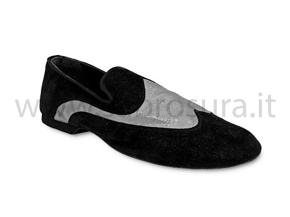 Jazz Mocassino camoscio nero e argento tacco 1 cm