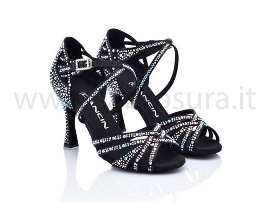 DL9073 raso nero con crystal strass boreali tacco 8 cm