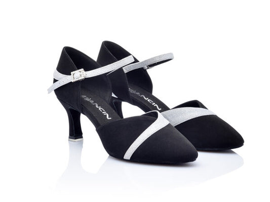DL9422 nabuk nero e glitter argento tacco 6 cm