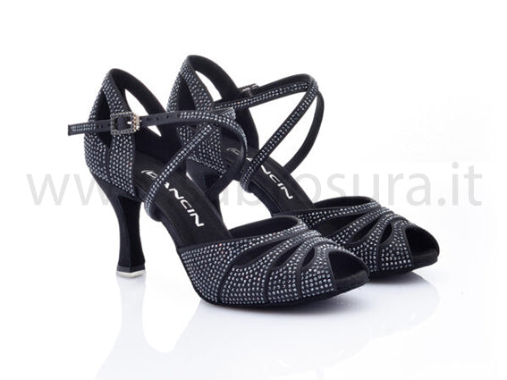 DL9747 raso nero con crystal strass neri tacco 7,5 cm