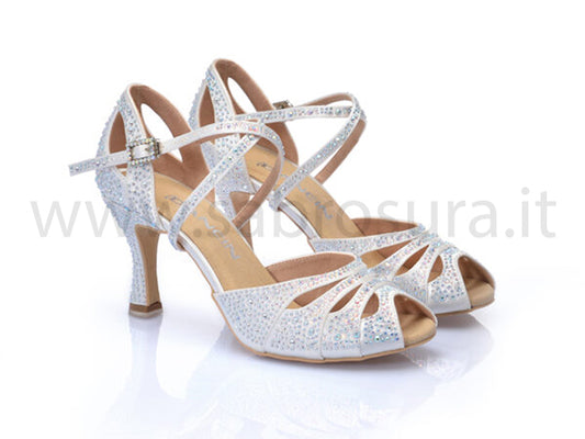 DL9749 raso bianco con crystal strass boreali tacco 7,5 cm