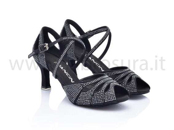 DL9795 raso nero con crystal strass neri tacco 6 cm