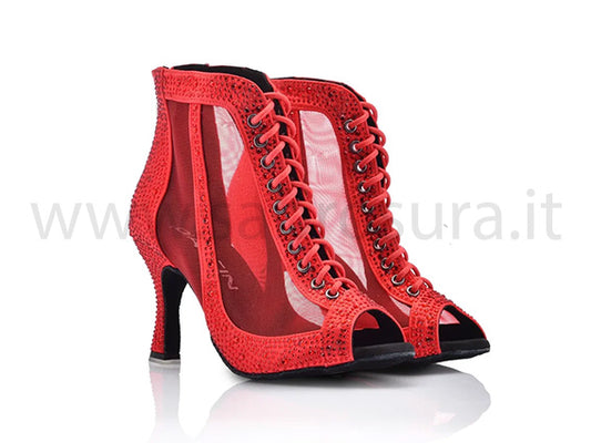 DLDB42 raso rosso con retina e strass rossi tacco 8,5 cm