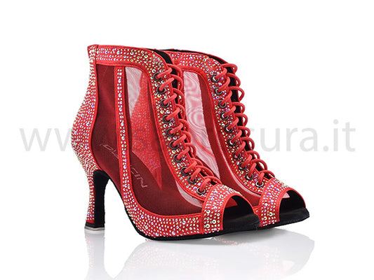 DLDB53 raso rosso con retina e crystal strass boreali tacco 8,5 cm