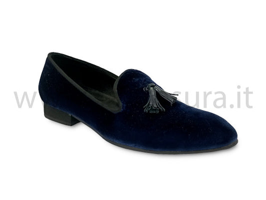 HMMUMU11 Mocassino velluto blu profilo cordoncino e nappine nere tacco 2 cm