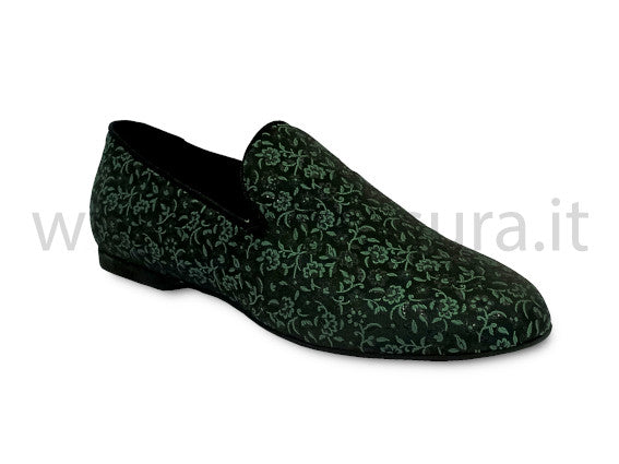 LM800 Mocassino tessuto Kate fiori verdi e nero profilo cordoncino nero tacco 1 cm
