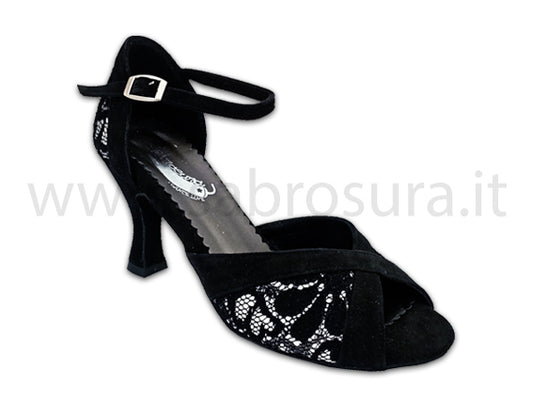 TL234 camoscio nero e pizzo nero base argento tacco 7 cm